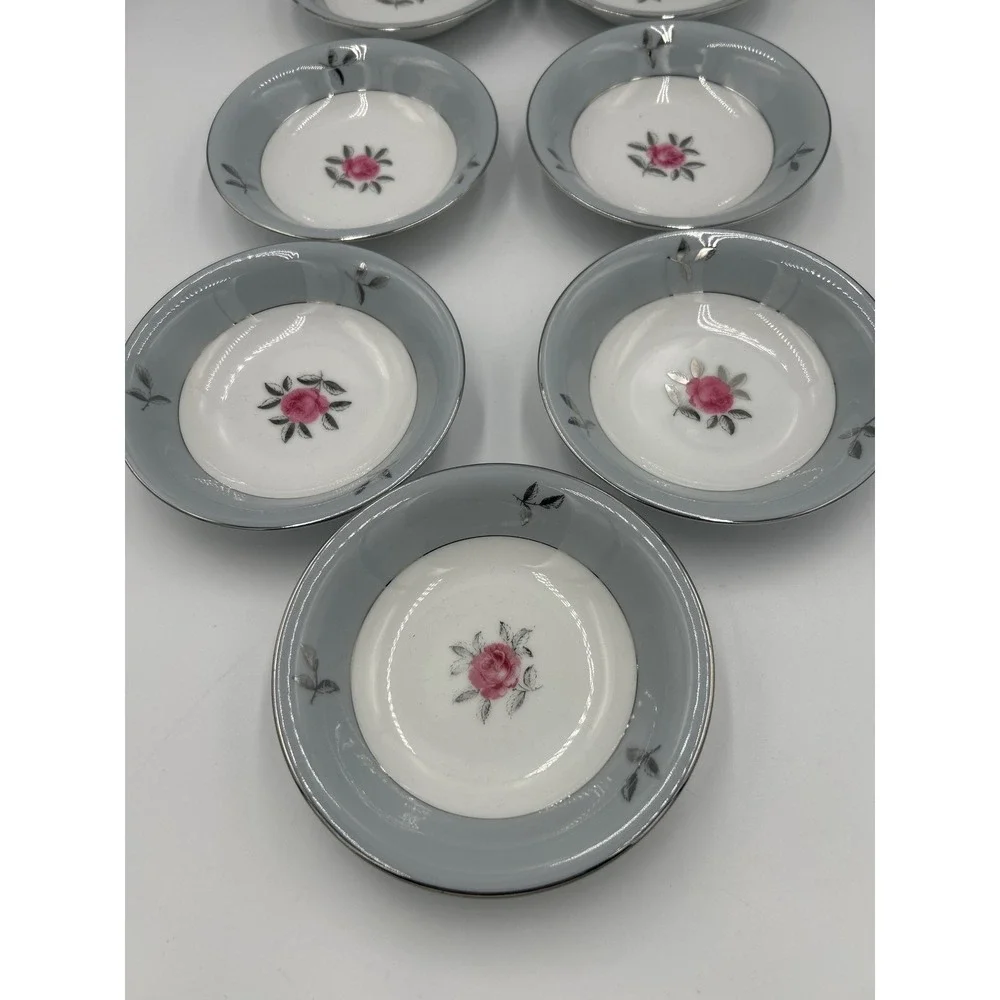Seyei Bella Maria 2129 Fine China Fruit Bowls Set of 7 Japan Pink Rose Blue Rim‎